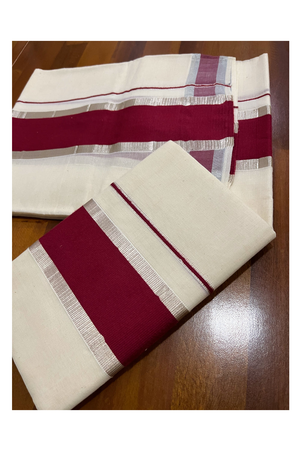 Kerala Cotton Mundum Neriyathum Single (Set Mundu) with Silver Kasavu and Maroon Border 2.80 Mtrs