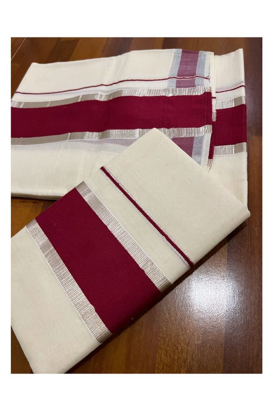 Kerala Cotton Mundum Neriyathum Single (Set Mundu) with Silver Kasavu and Maroon Border 2.80 Mtrs