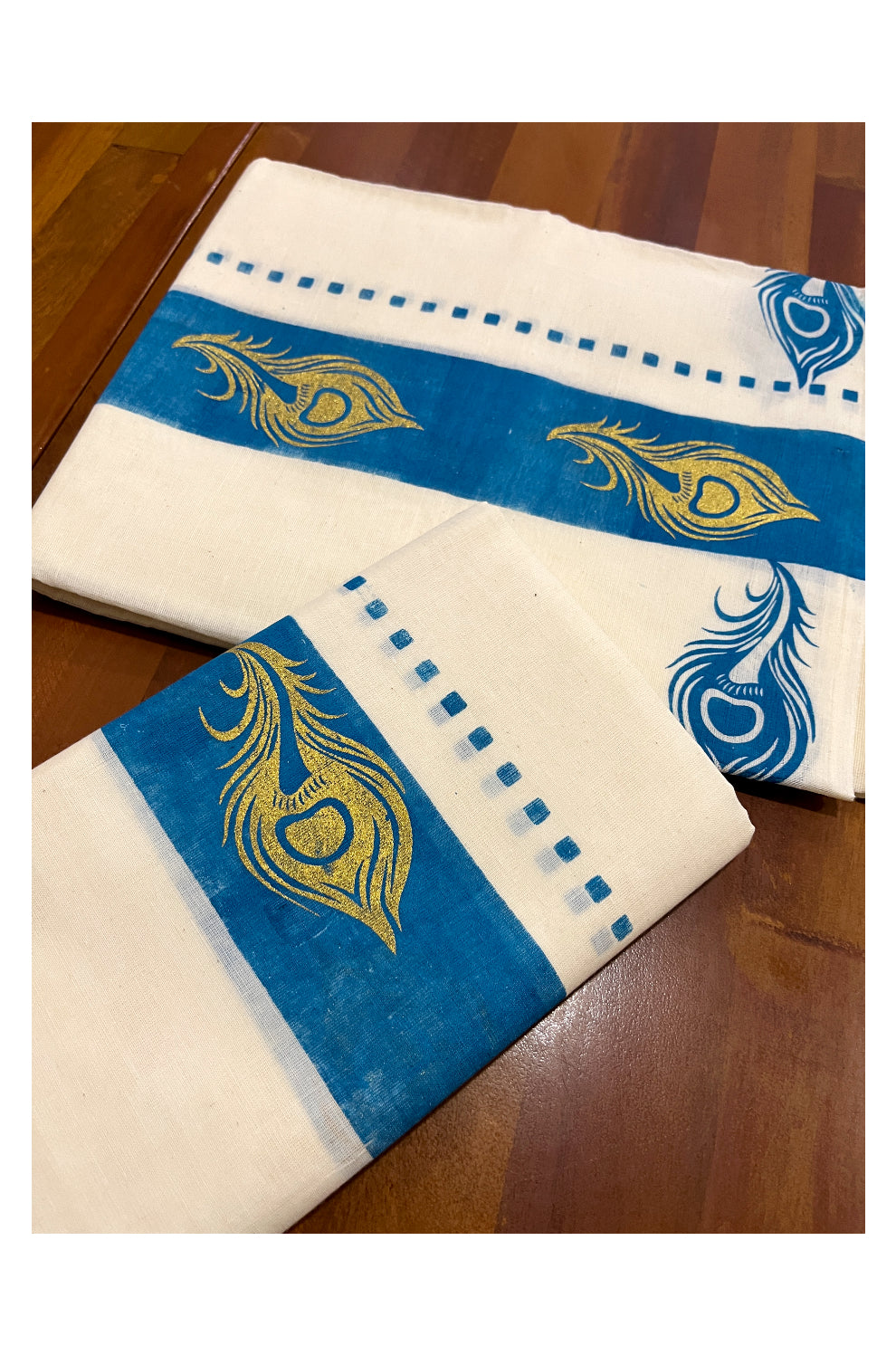 Kerala Cotton Set Mundu (Mundum Neriyathum) with Golden Feather Block Prints on Blue Border 2.80 Mtrs