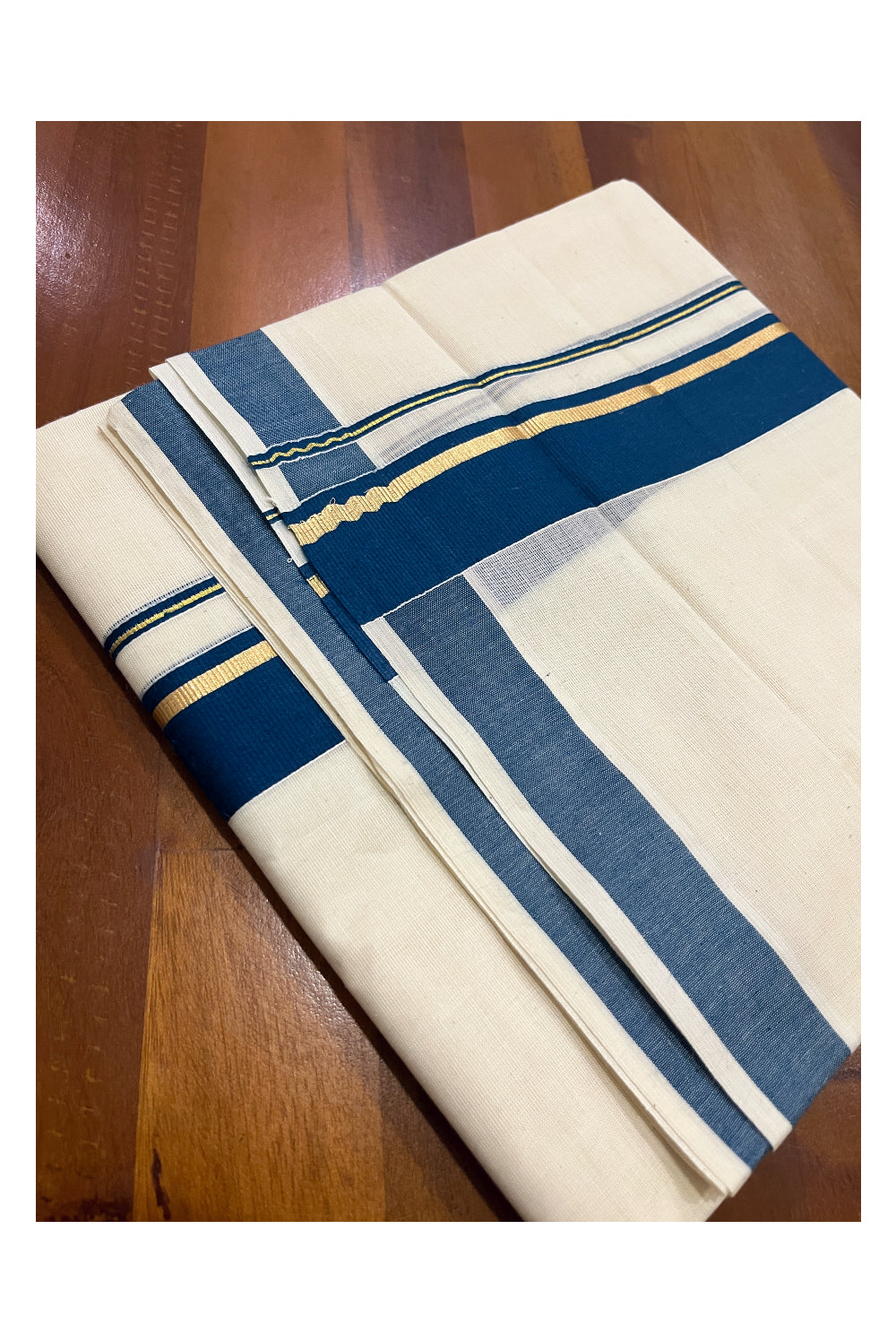 Pure Cotton Double Mundu with Blue and Kasavu Kara (South Indian Dhoti)