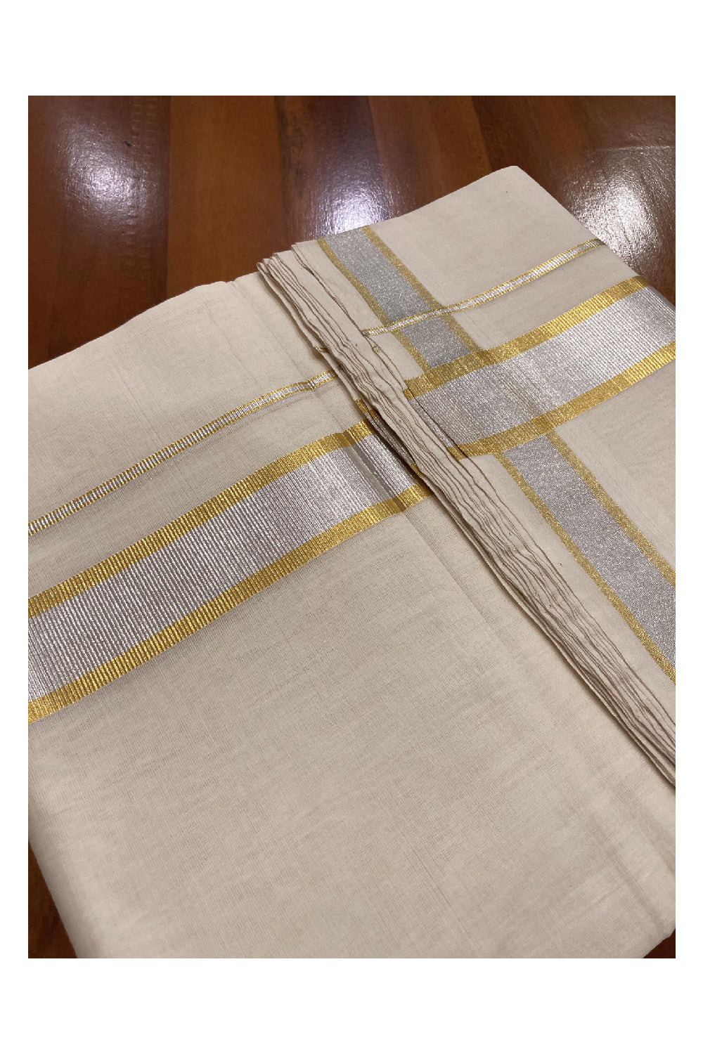 Southloom Balaramapuram Unakkupaavu Premium Wedding Handloom Mundu with Golden and Silver Kasavu Border