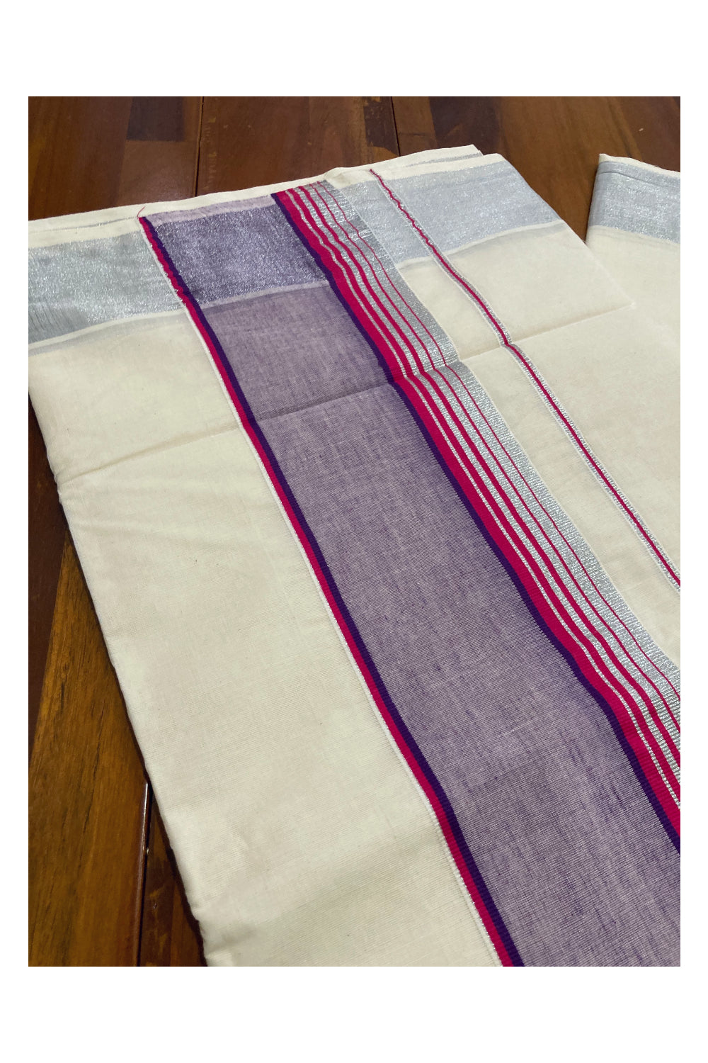 Pure Cotton Silver Kasavu Plain Saree with Red and Violet Border