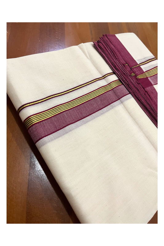 Southloom Premium Handloom Double Mundu with Maroon and Kasavu Border (South Indian Kerala Dhoti)