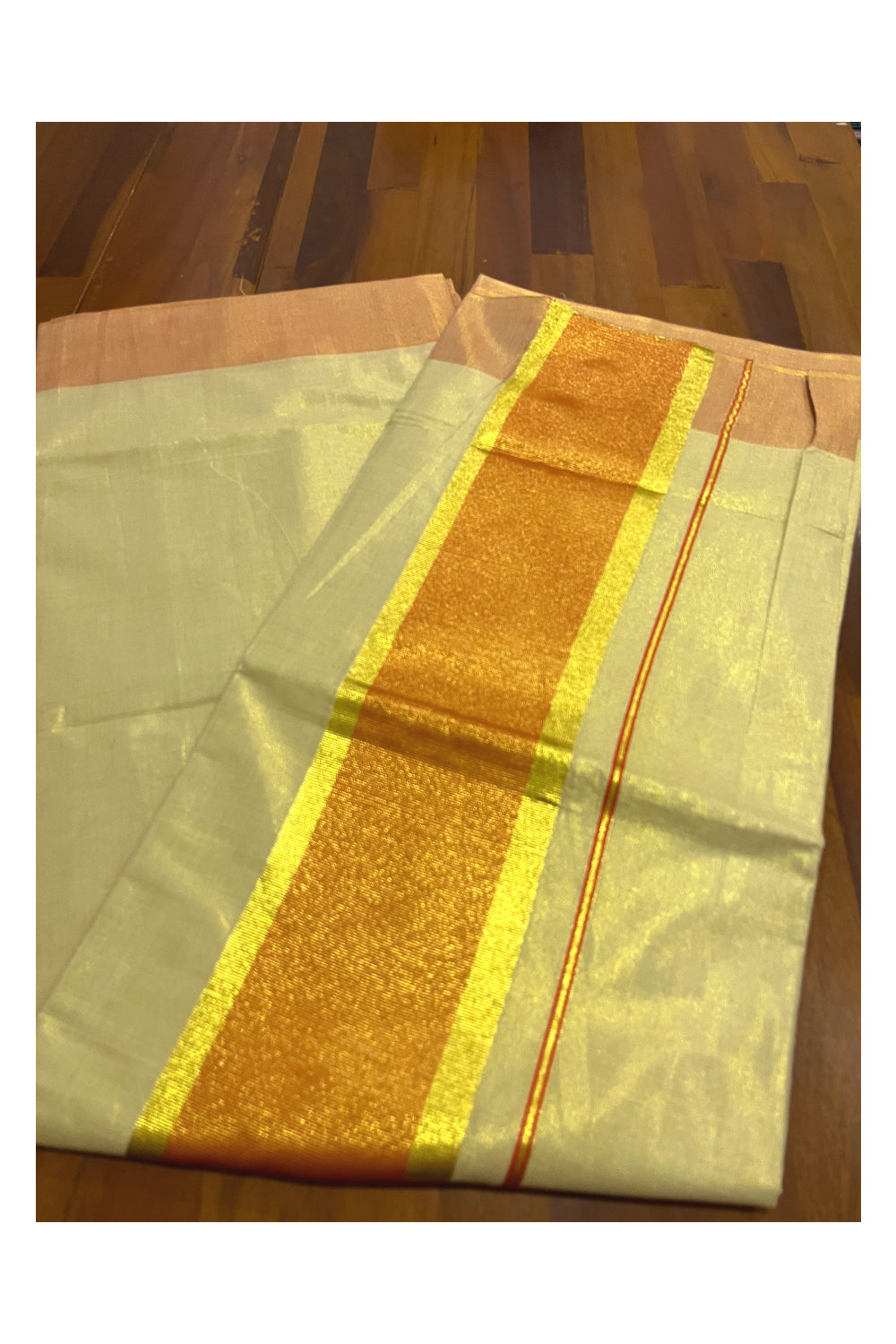 Kerala Tissue Kasavu Plain Saree with Orange and Kasavu Border