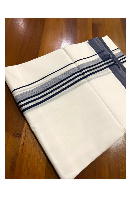 Pure White Cotton Double Mundu with Silver Kasavu and Navy Blue Border (South Indian Dhoti)