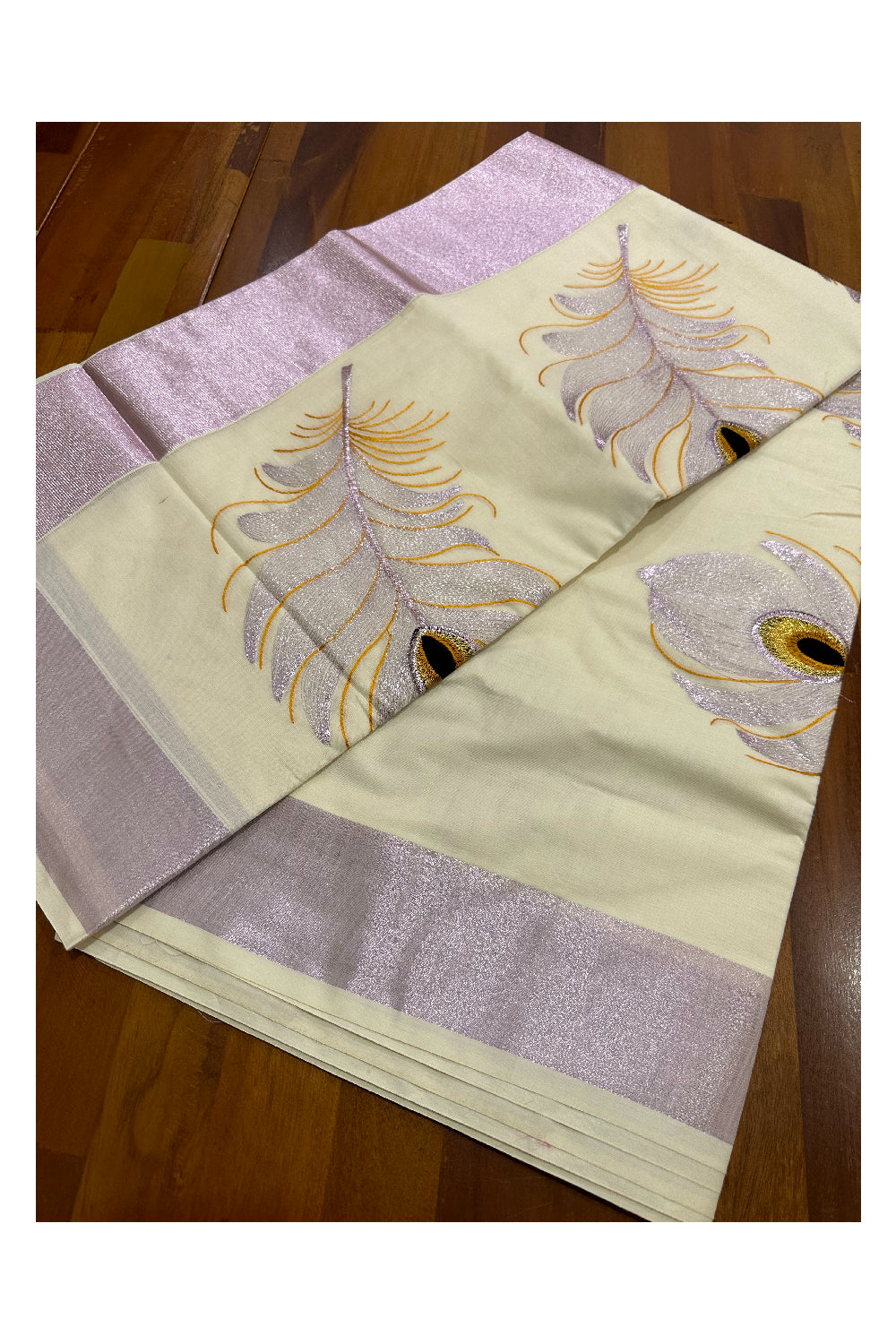 Kerala Rose Copper Kasavu Cotton Saree with Feather Embroidery Works