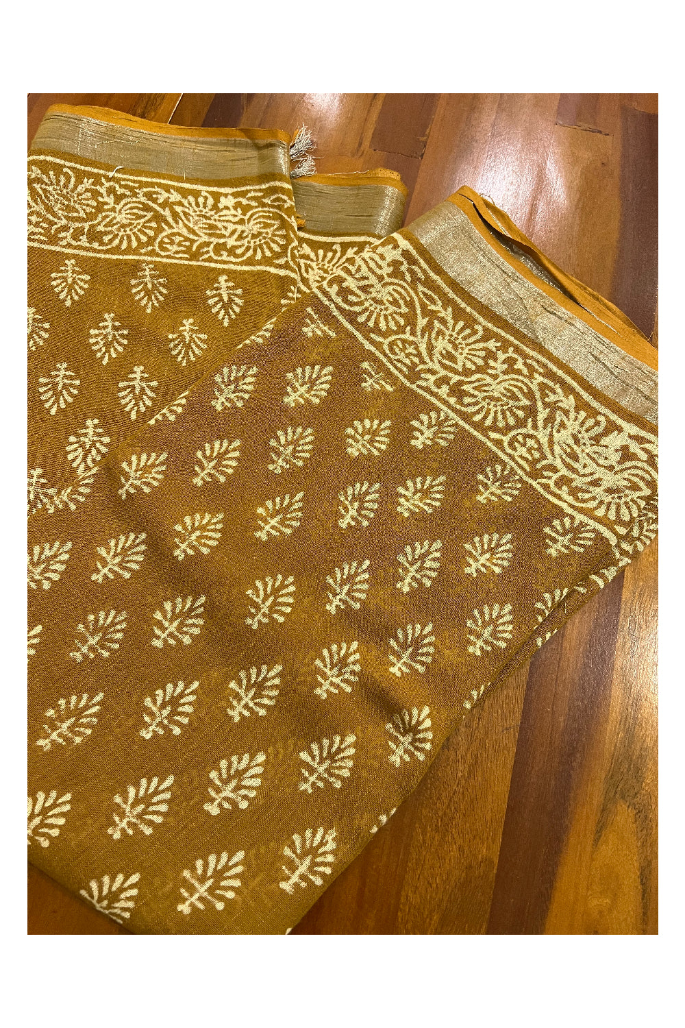 Southloom Linen Mustard Yellow Designer Saree with White Prints and Tassels on Pallu