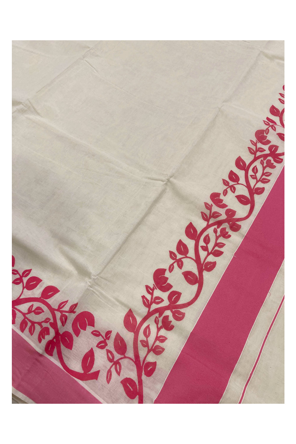 Southloom Original Design Kerala Saree with Pink Floral Vines Block Print