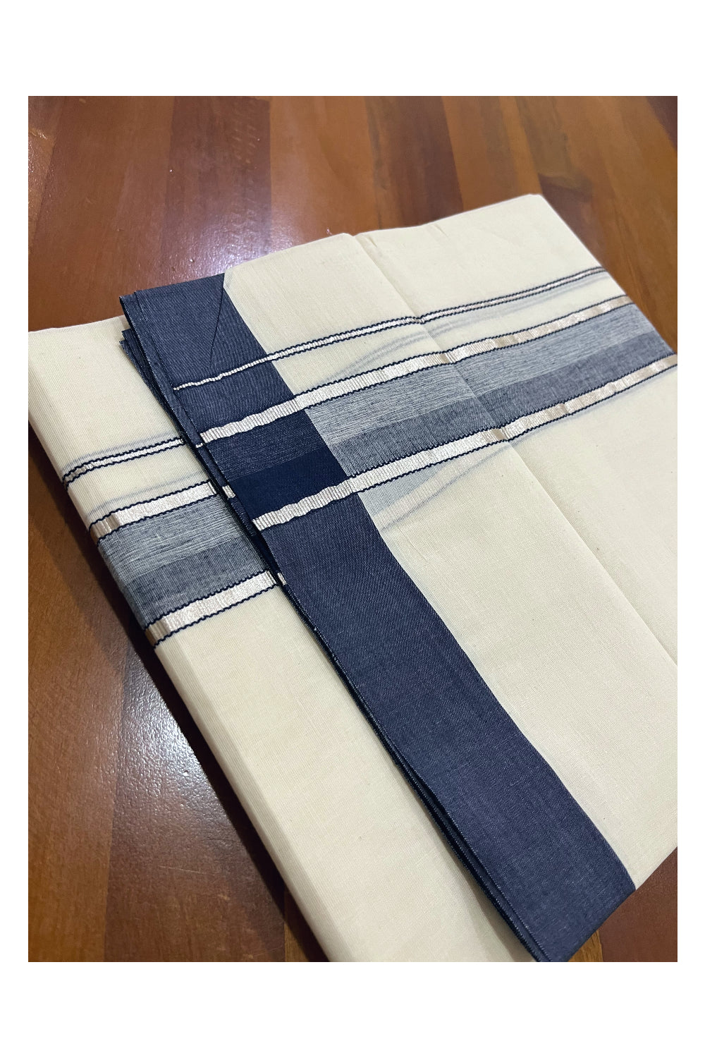 Pure Cotton Off White Double Mundu with Silver Kasavu and Blue Border (South Indian Dhoti)