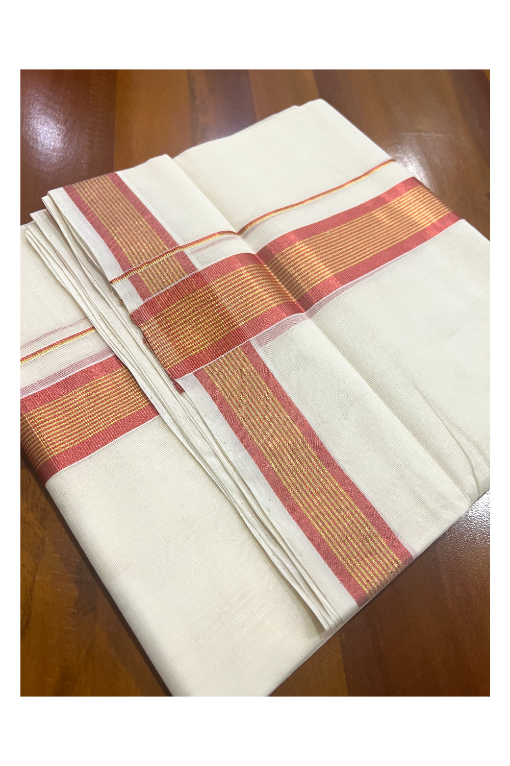 Southloom Premium Handloom Pure Cotton Mundu with Golden and Copper Red Kasavu Border (South Indian Dhoti)