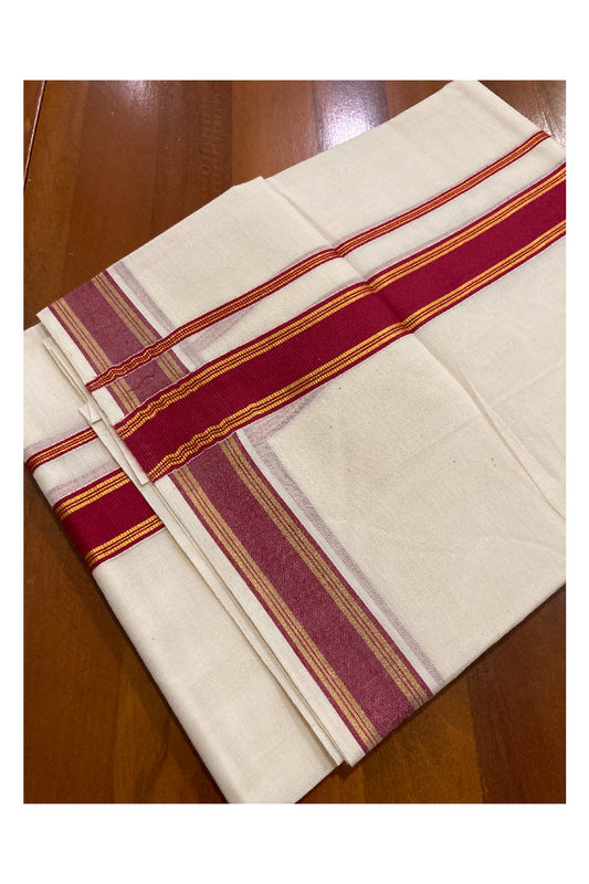 Off White Kerala Double Mundu with Kasavu and Dark Red Border (South Indian Dhoti)