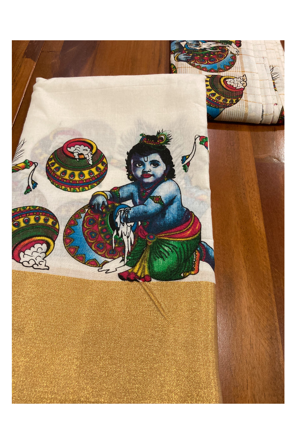 Kerala Cotton Kasavu Churidar Salwar Material with Mural Printed Baby Krishna Design (include Lines Printed Shawl / Dupatta)