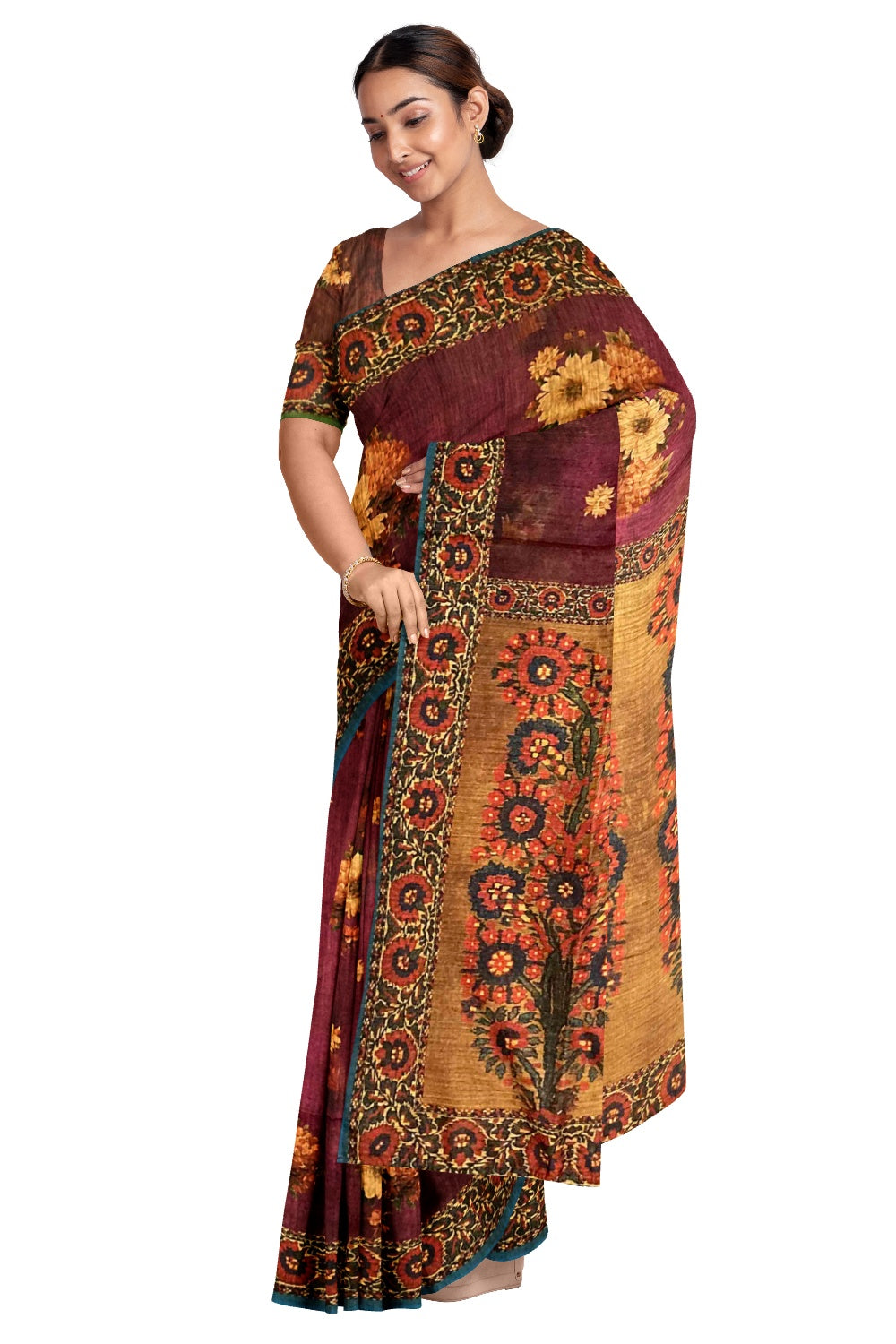 Southloom Semi Silk Maroon and Brown Floral work Designer Saree