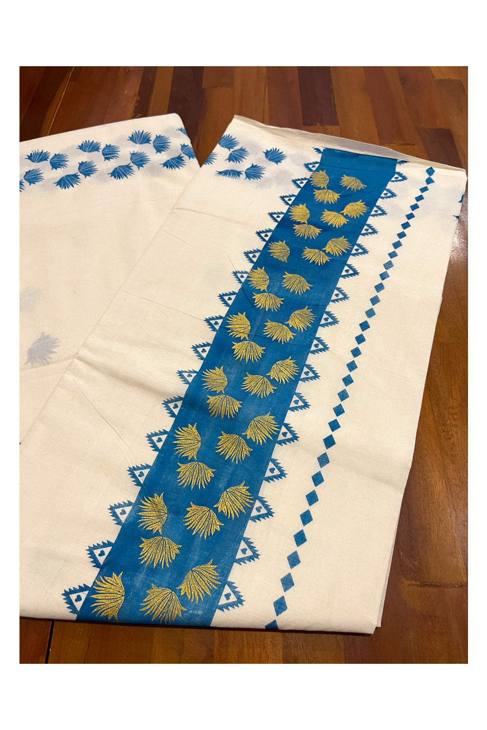 Pure Cotton Kerala Saree with Blue Floral Block Printed Border and Pallu (Vishu Saree 2023)