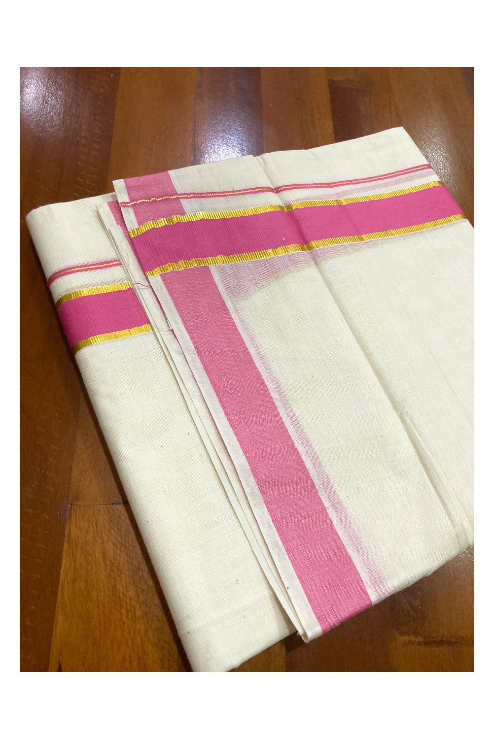 Off White Pure Cotton Double Mundu with Kasavu and Pink Border (South Indian Kerala Dhoti)