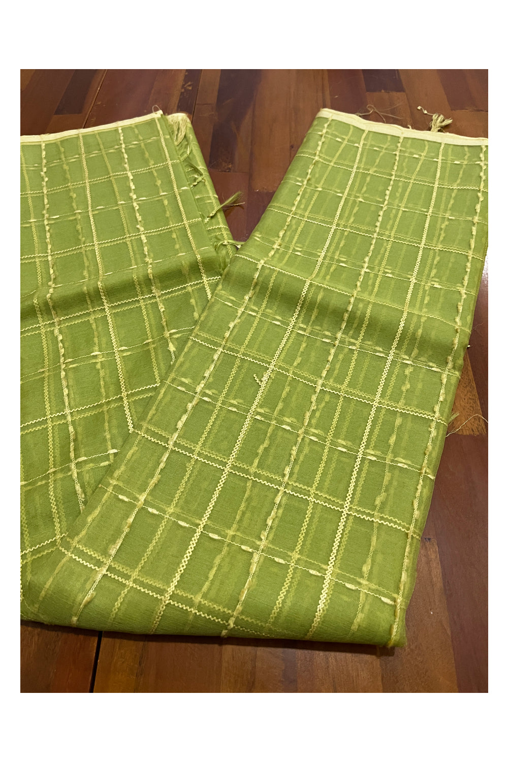 Southloom Organza Check Design Light Green Saree with Tassels Works