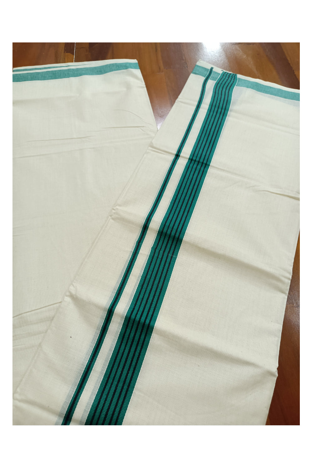 Off White Kerala Double Mundu with Black Lines on Green Border (South Indian Dhoti)