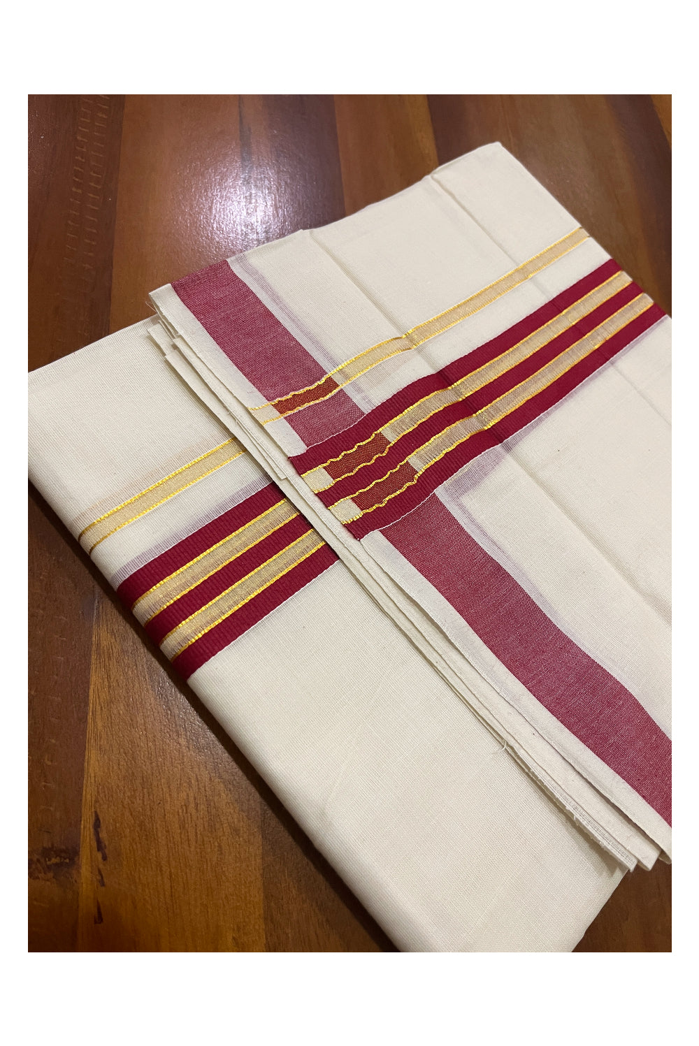 Pure Cotton Off White Double Mundu with Red and Kasavu Kara (South Indian Dhoti)