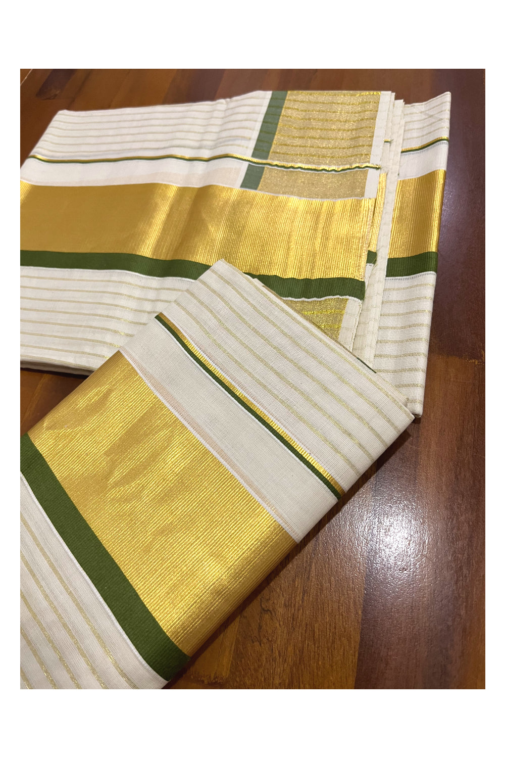 Kerala Cotton Set Mundu (Mundum Neriyathum) with Kasavu Lines on Body and Green Border 2.80 Mtrs