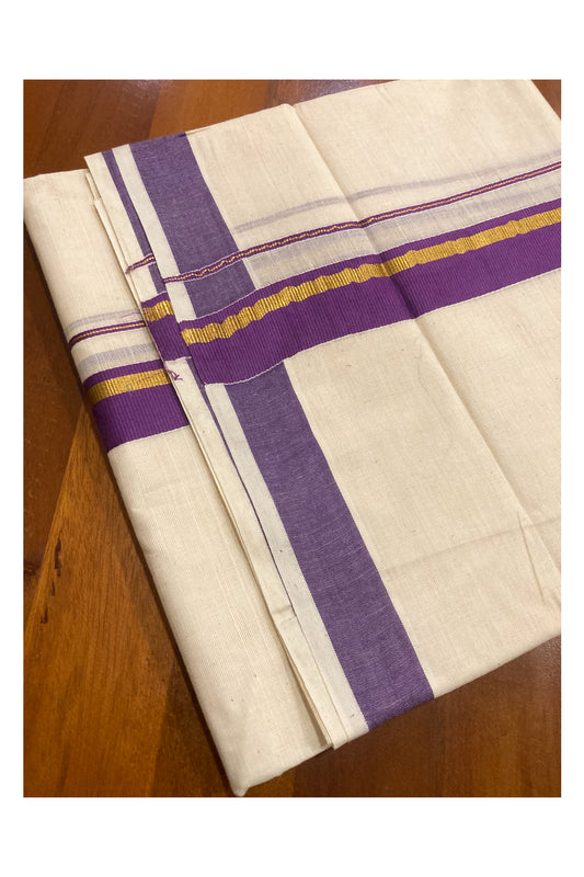Pure Cotton Double Mundu with Violet and Kasavu Border (South Indian Dhoti)