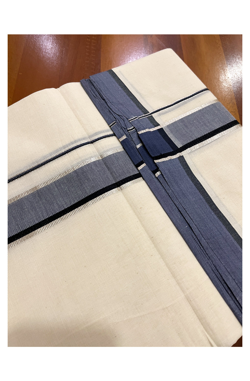 Pure Cotton Off White 100x100 Double Mundu with Silver Kasavu and Navy Blue Border (South Indian Dhoti)