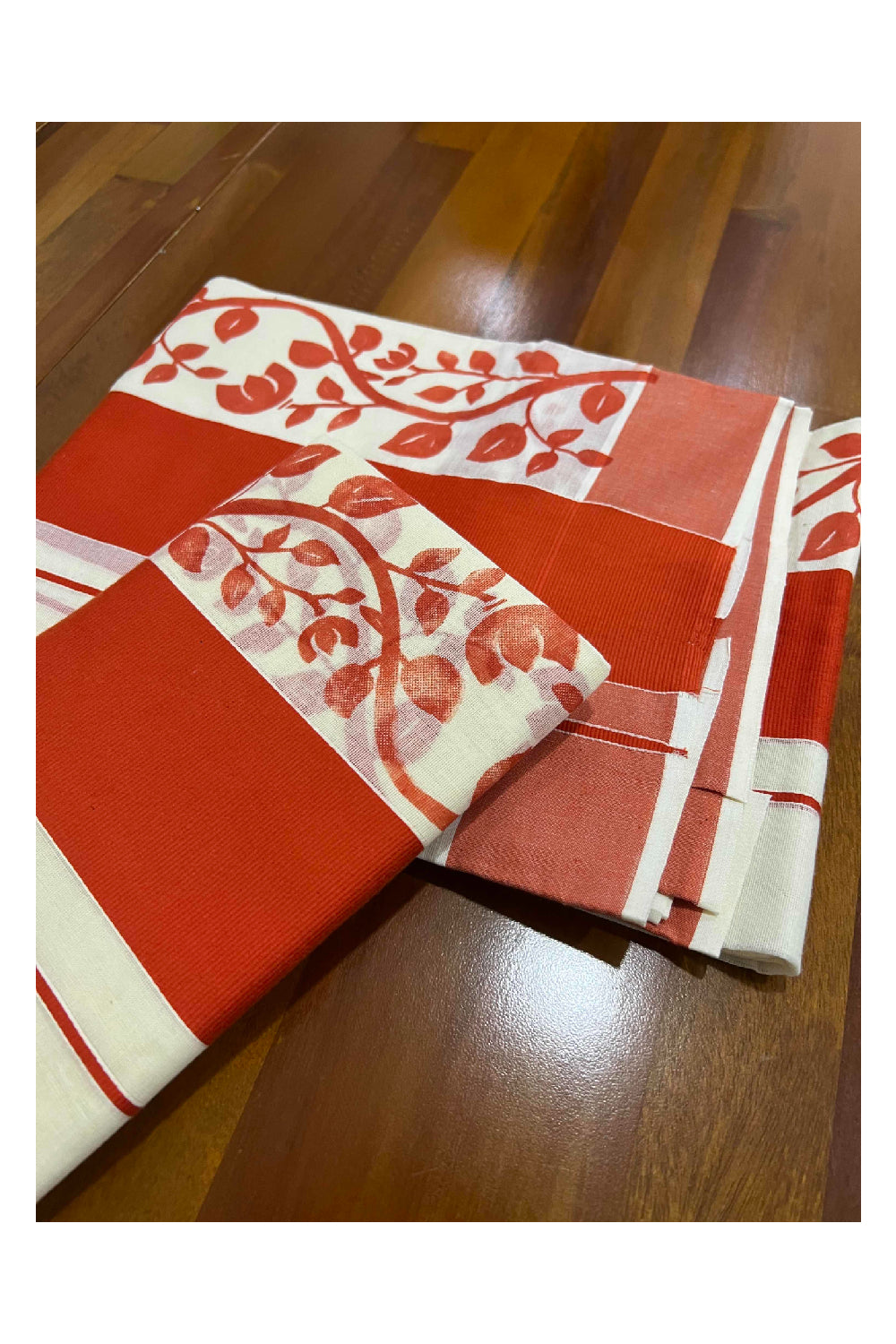 Southloom Original Design Single Set Mundu with Dark Orange Floral Vines Block Print (Mundum Neriyathum)