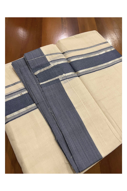 Off White Kerala Double Mundu with Silver Kasavu and Greyish Blue Border (South Indian Dhoti)