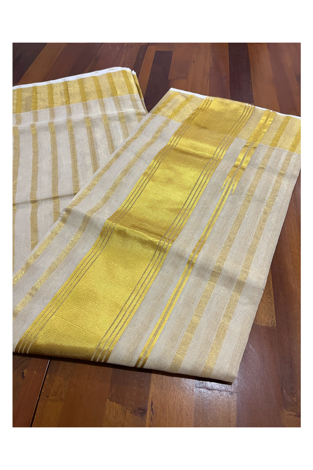 Southloom Premium Handloom Tissue Kasavu Saree with Wide Lines Across Body