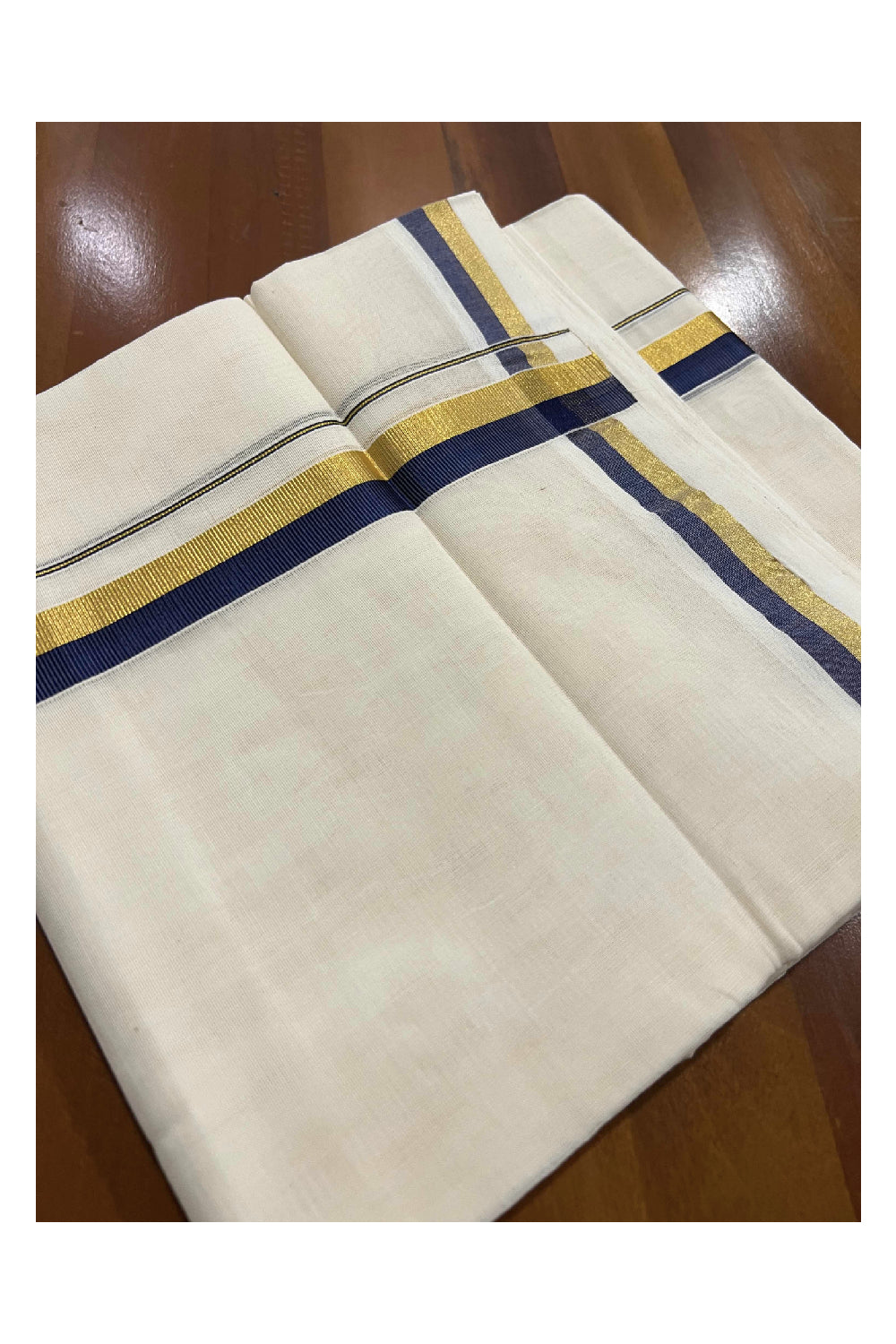 Southloom Kuthampully Pure Cotton Handloom Mundu with Golden and Navy Blue Kasavu Border