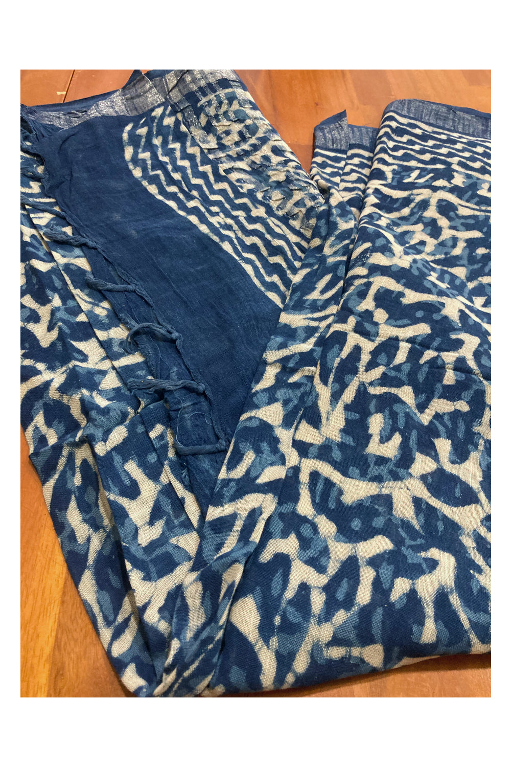 Southloom Linen Indigo Blue Saree with White Designer Prints and Tassels works on Pallu