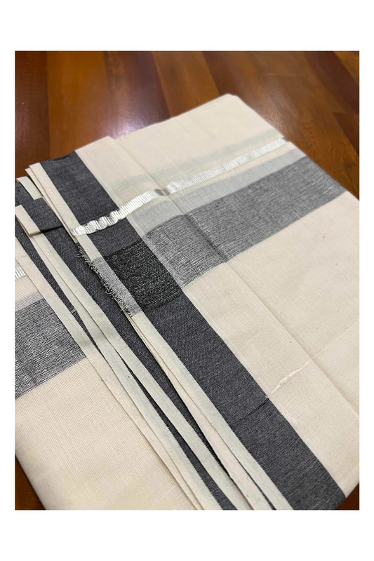 Off White Kerala Double Mundu with Silver Kasavu and Black Border (South Indian Dhoti)