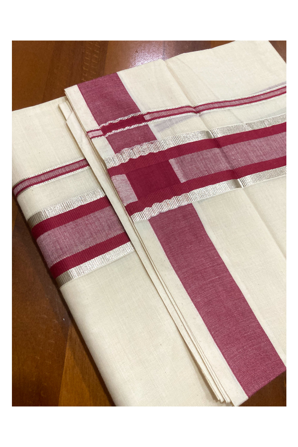 Pure Cotton Double Mundu with Maroon and Silver Kasavu Border (South Indian Dhoti)