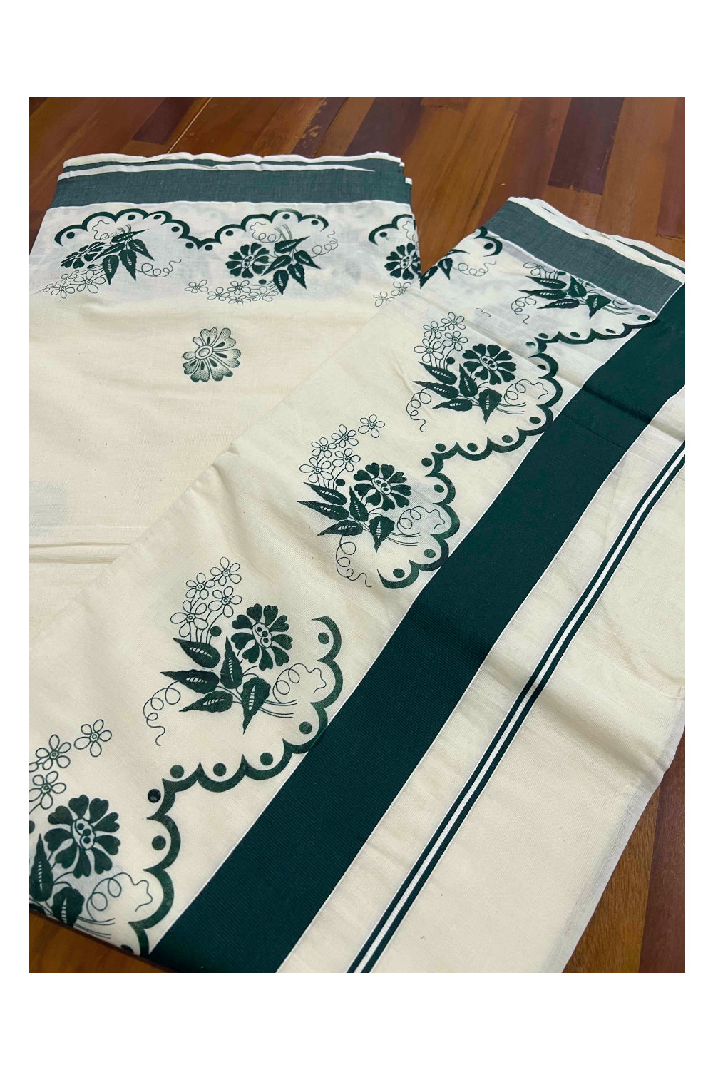 Pure Cotton Kerala Saree with Dark Green Floral Block Printed Border