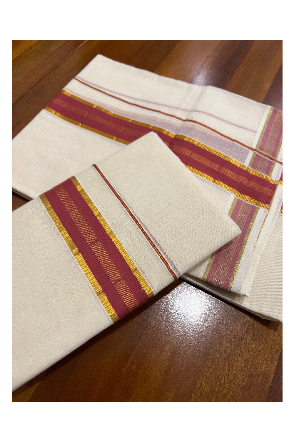 Kerala Cotton Mundum Neriyathum Single (Set Mundu) with Brick Red and Kasavu Border