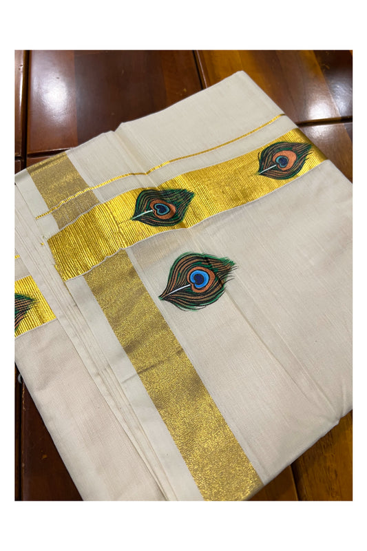 Pure Cotton Kasavu Mundu with Mural Hand Painted Feather Design (South Indian Dhoti)