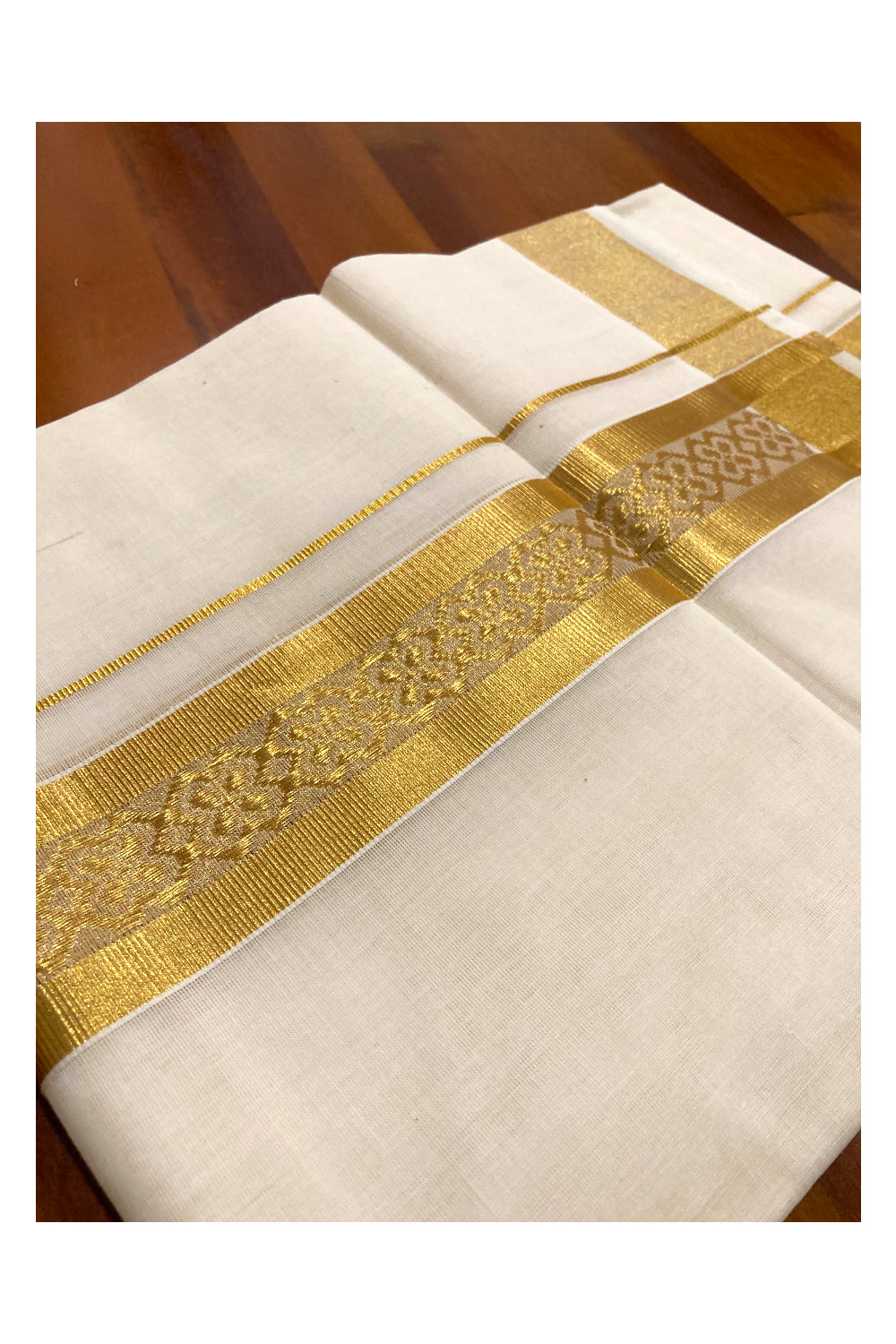 Southloom Premium Handloom Pure Cotton Wedding Mundu with Kasavu Woven Floral Patterns Border (South Indian Kerala Dhoti)