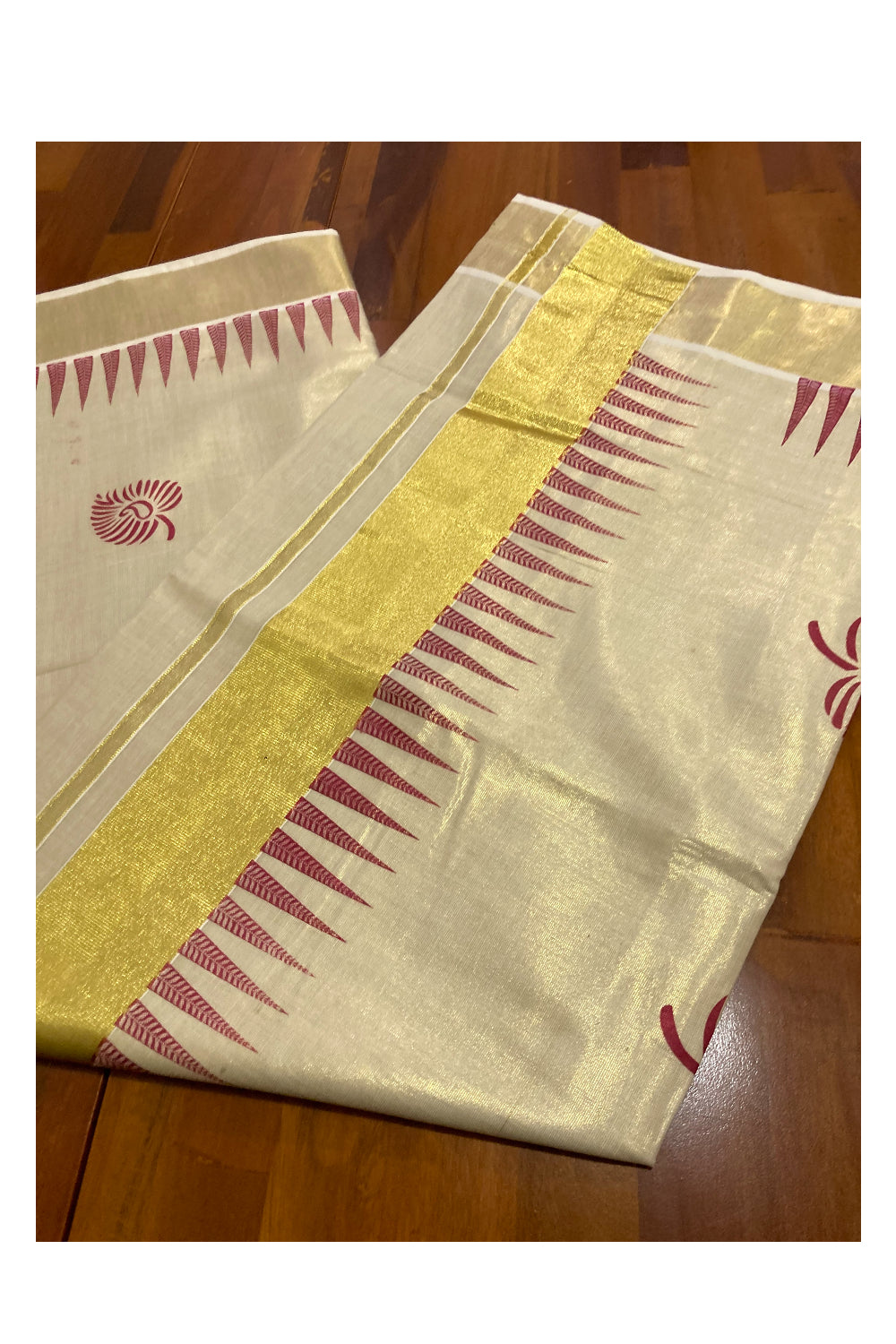 Kerala Tissue Kasavu Saree with Red Block Prints