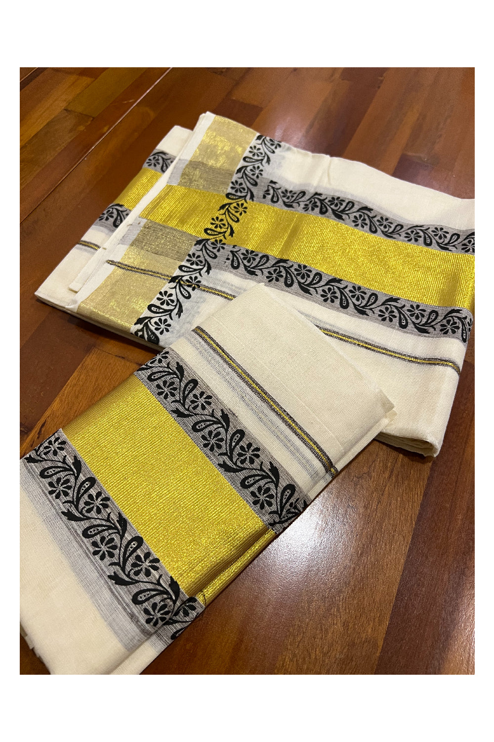 Pure Cotton Kasavu Set Mundu (Mundum Neriyathum) with Dark Brown Floral Block Prints on Border