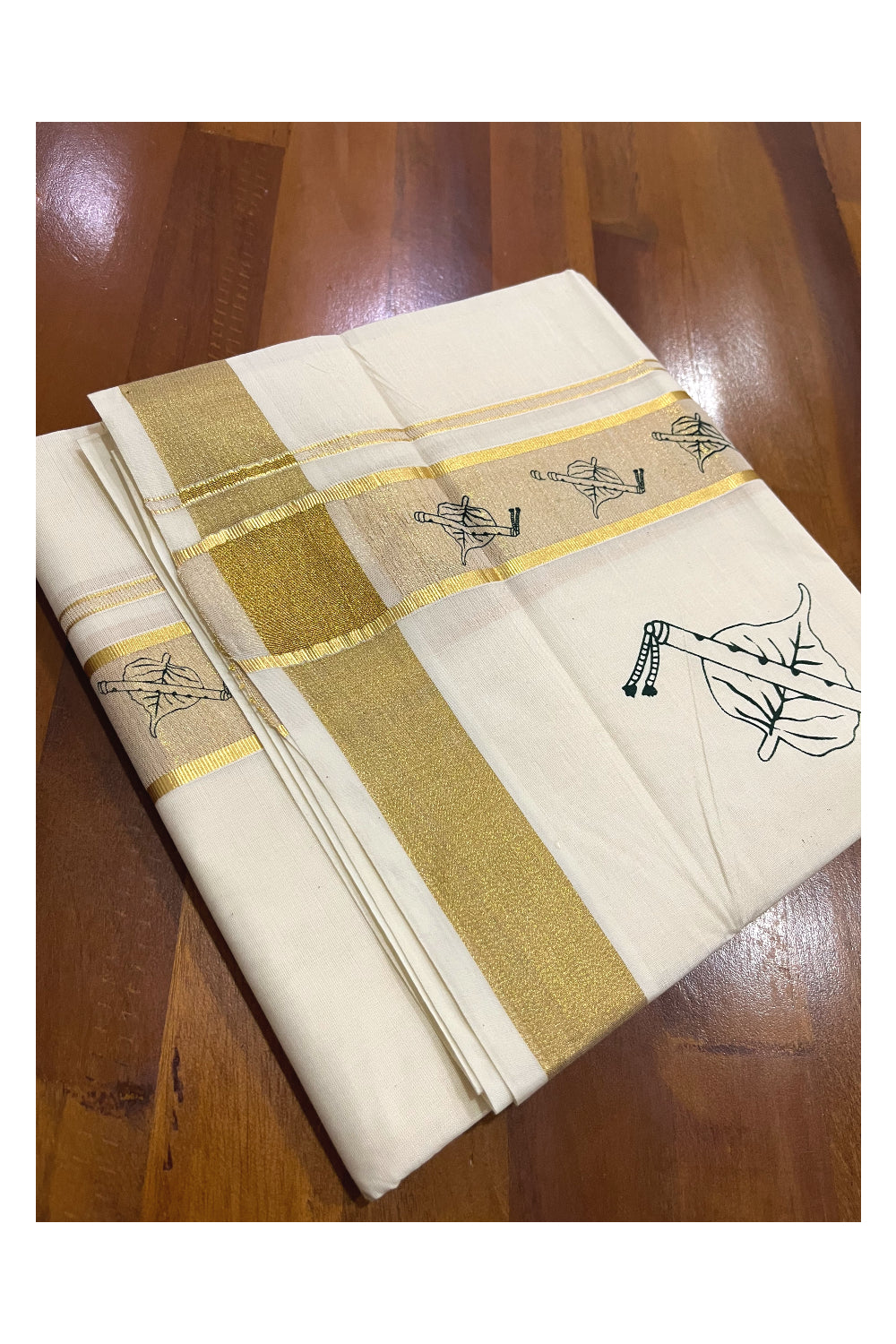 Pure Cotton Off White Double Mundu with Green Block Prints on Kasavu Kara (South Indian Dhoti)