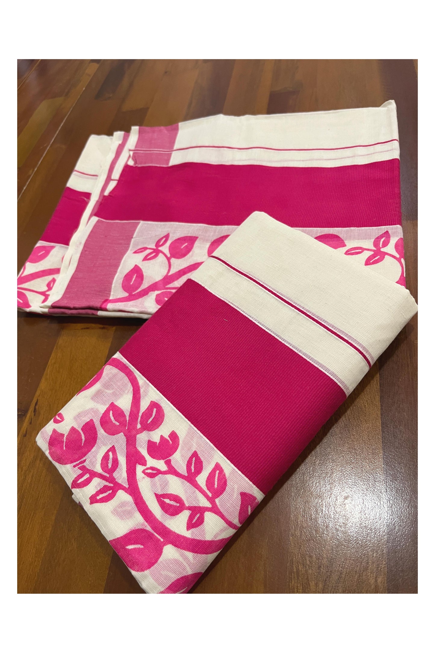 Southloom Original Design Single Set Mundu (Mundum Neriyathum Vishu 2023) with Pink Floral Vines Block Prints 2.80 Mtrs