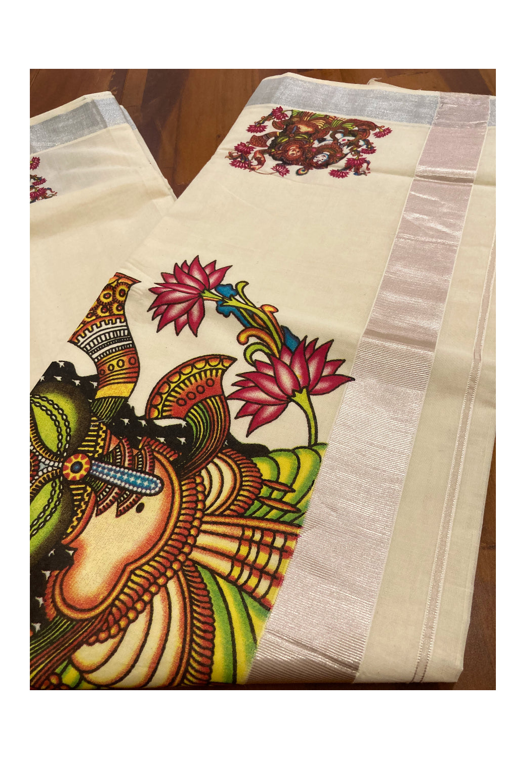 Pure Cotton Kerala Saree with Krishna Radha Mural Prints and Silver Border