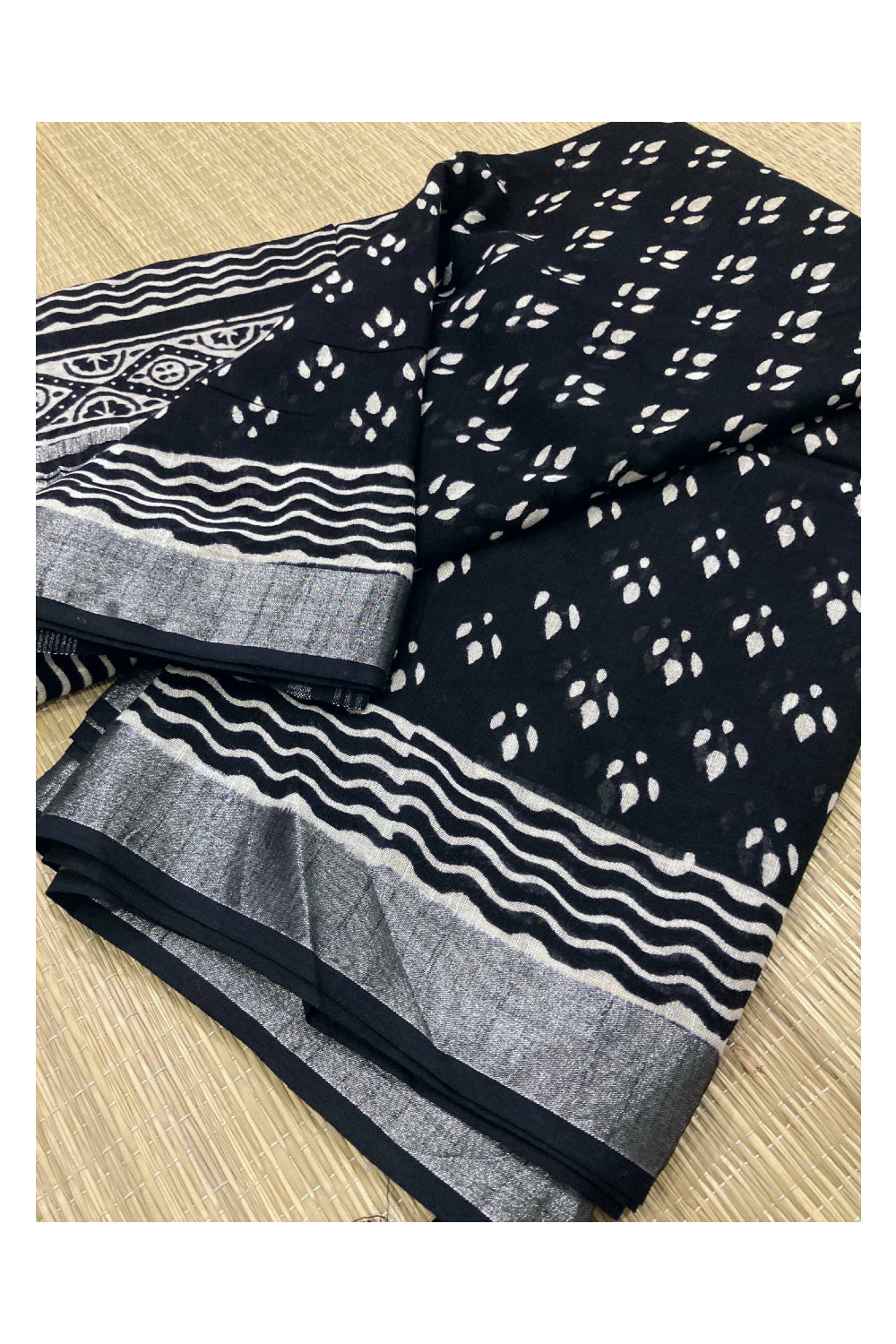 Southloom Linen Black Designer Saree with White Blocks and Tassels