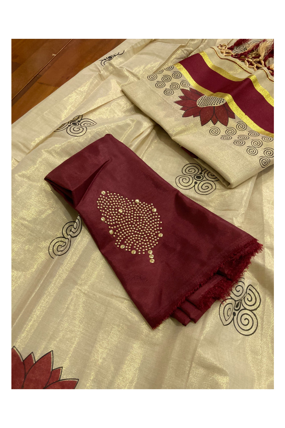 Kerala Tissue Stitched Dhavani Set with Blouse Piece and Neriyathu in with Red Accents