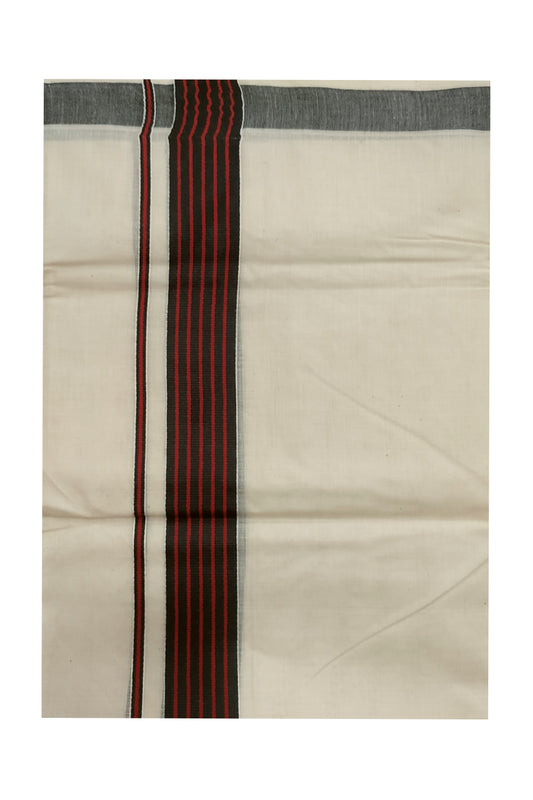 Off White Pure Cotton Mundu with Maroon lines on Black Border (South Indian Dhoti)