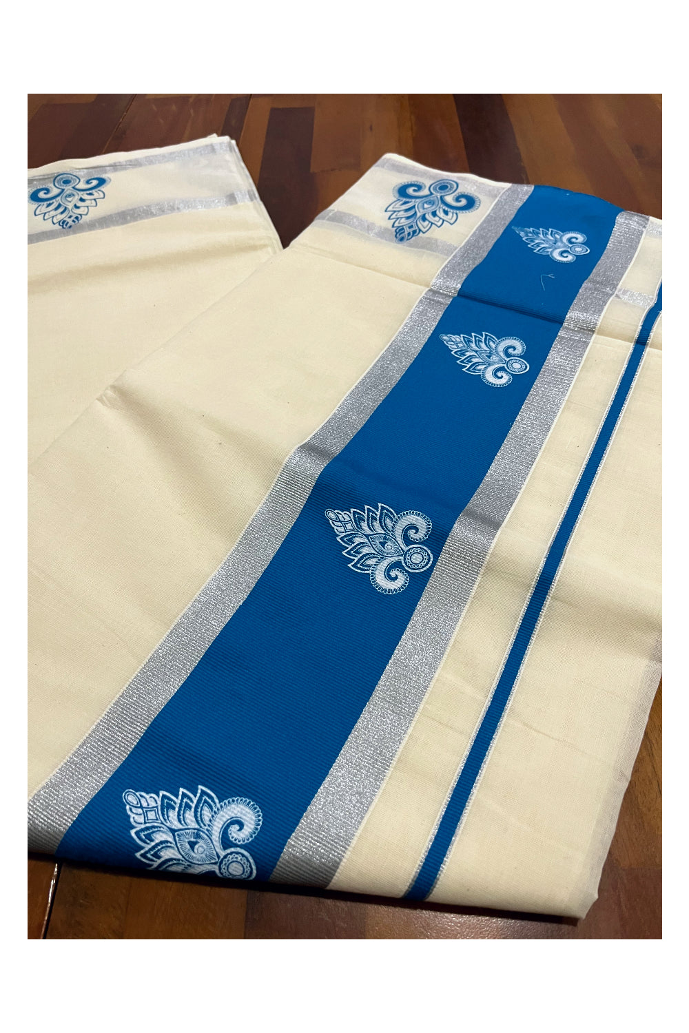 Pure Cotton Kerala Silver Kasavu Saree with White Block Printed Design in Blue Pallu