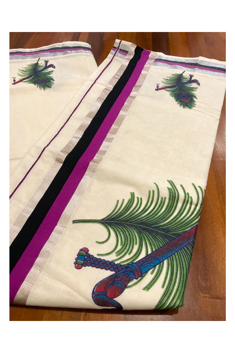 Pure Cotton Kerala Saree with Feather Flute Mural Prints and Silver Magenta Black Border