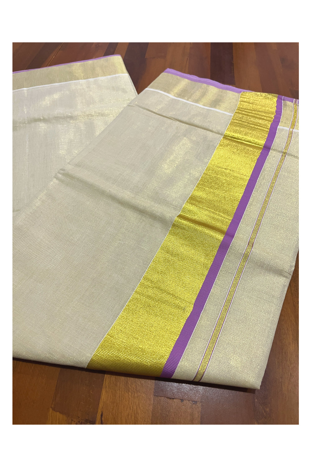 Kerala Kasavu Tissue Saree with Violet Narrow Border