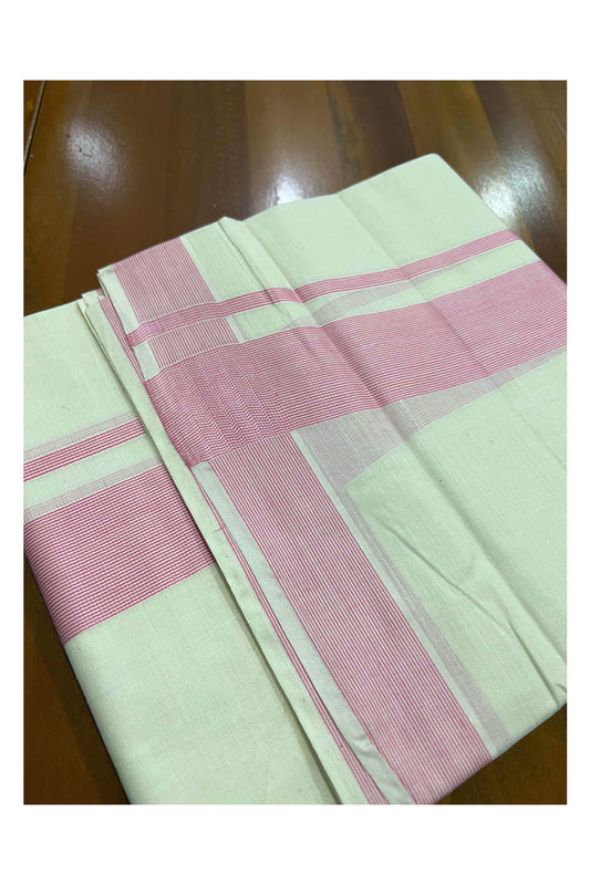 Off White Kerala Double Mundu with 2 inch Pink Line Border (South Indian Kerala Dhoti)