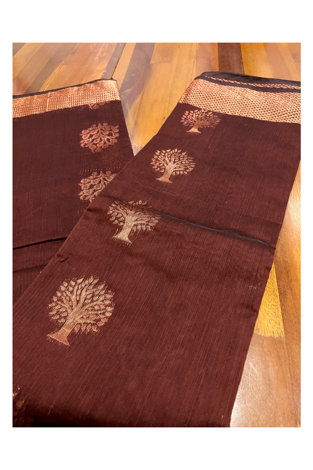 Southloom Cotton Silk Dark Brown Designer Saree with Copper Zari Motifs