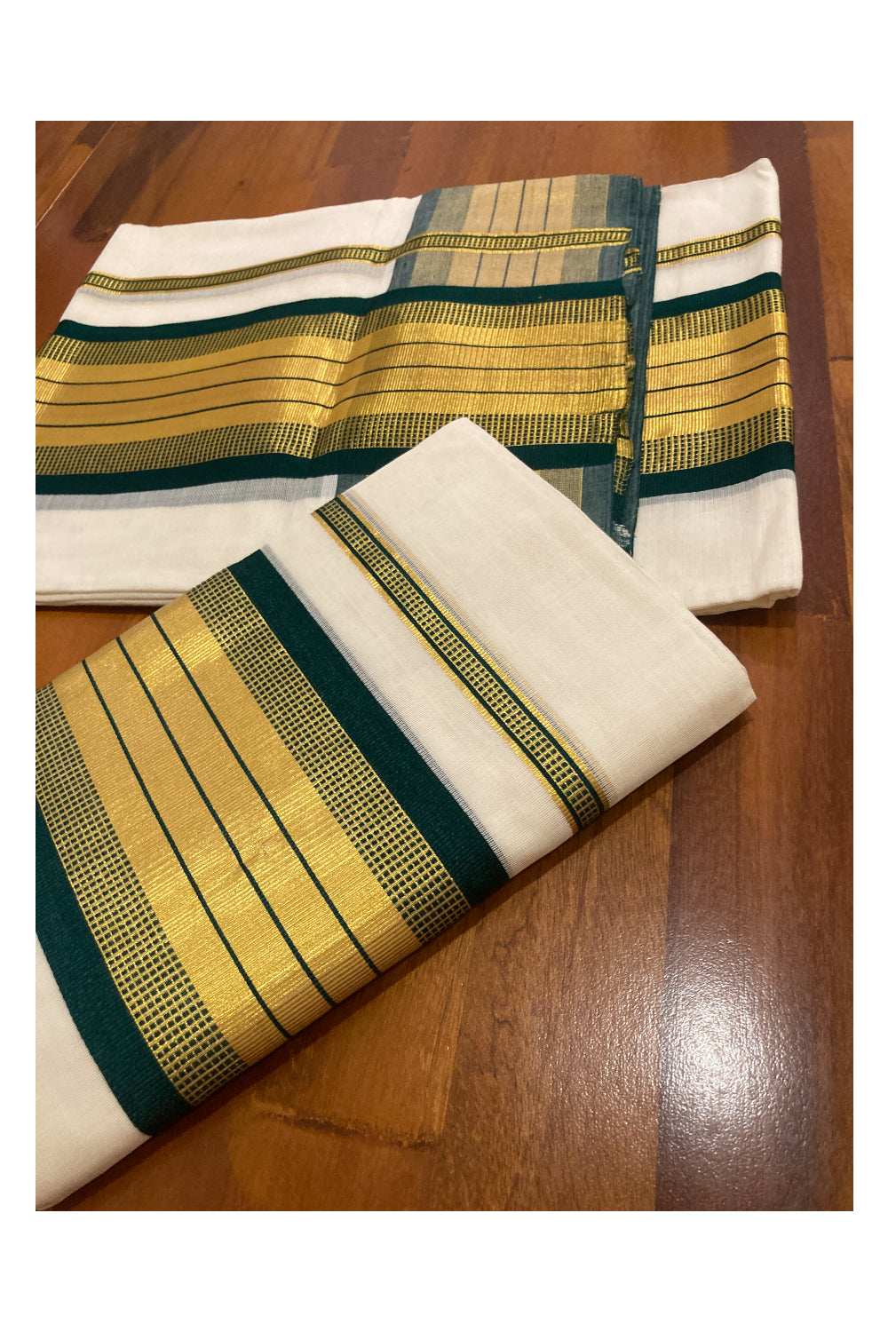 Southloom Premium Handloom Set Mundu with Kasavu and Green Border 2.80 Mtrs